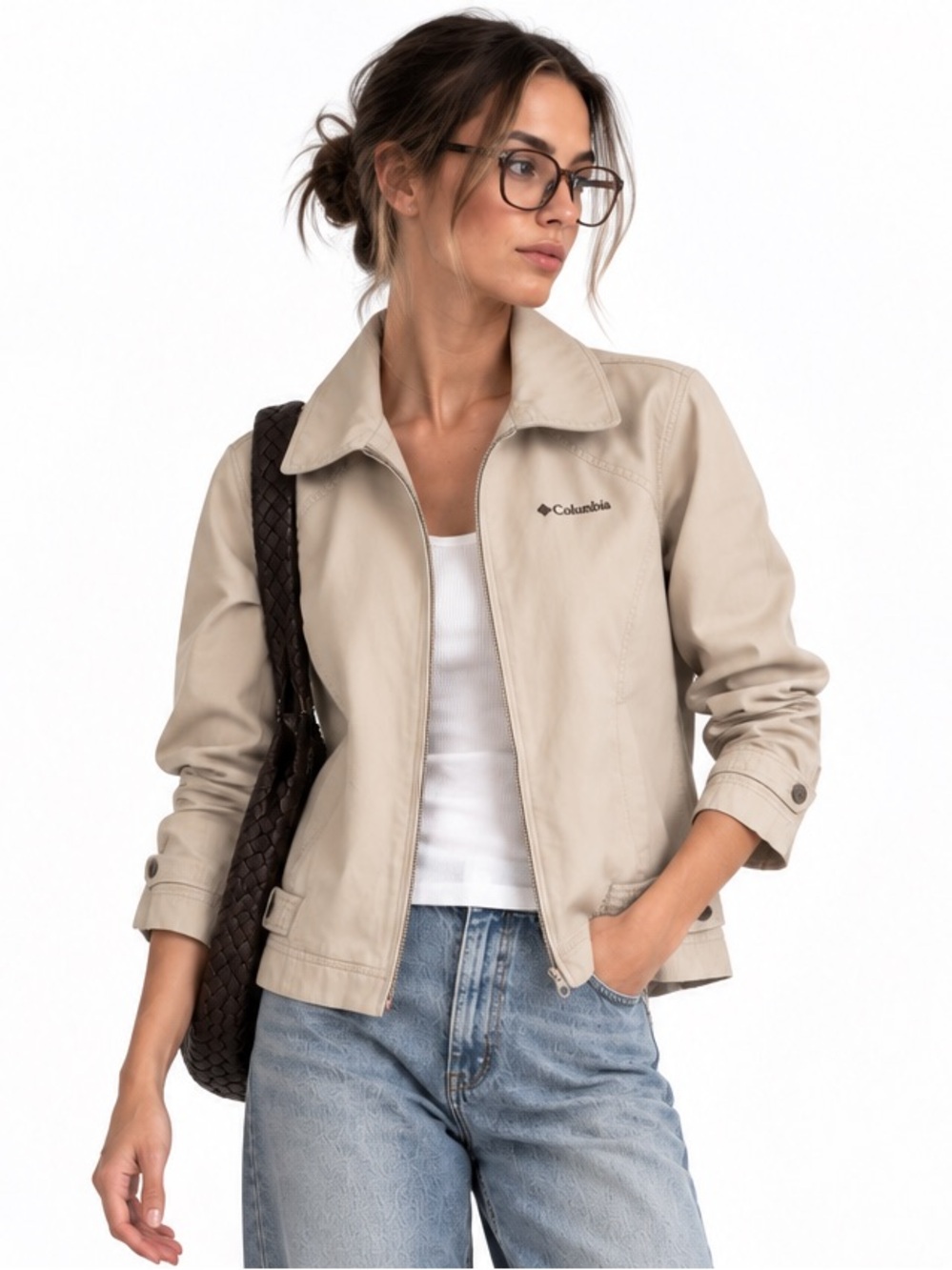Columbia Vintage Beige Cotton Utility Zip Front Lightweight Jacket Women’s L